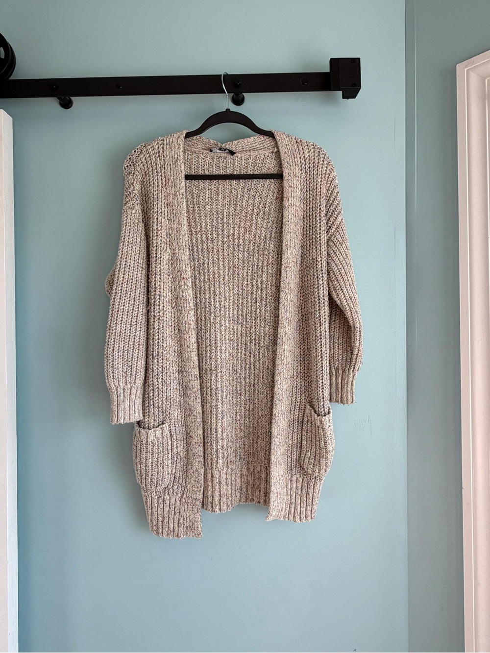 Lulus Women’s XS Cream Speckled Chunky Knit Long Cardigan Sweater Pockets
